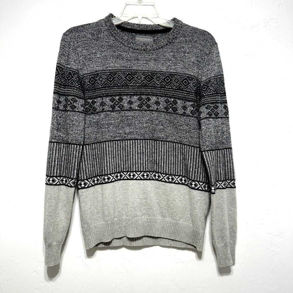 Aeropostale Sweater Wool Blend Grey Stripe Knit Pull On Long Sleeve Men sz Large